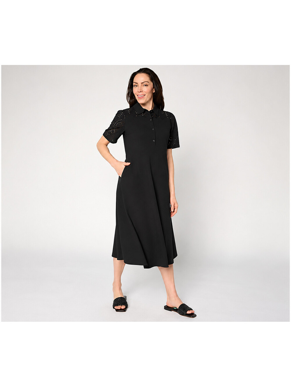 Joan Rivers Henley Short Sleeve Eyelet Midi Dress Black, Size Petite Small